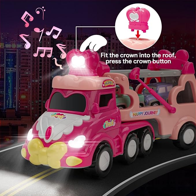 Toddler Car Toys for 1 2 3 4 Year Old Girl, 5-in-1 Pink Princess Truck Girl Cars for Toddlers 1-3 with Light & Sound, Toddler Girl Toys Age 1-2 2-4,Birthday Gifts for Baby Girl Toys