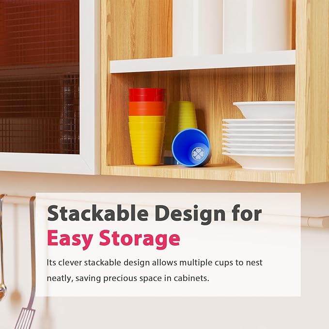 Set of 12 Kids Plastic Cups- 8 oz Children Drinking Cups Reusable Unbreakable Plastic Stackable Water Tumblers for Kids & Toddlers Bright Colored- Dishwasher and Microwave Safe