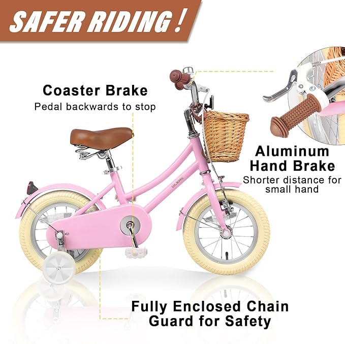 Glerc Little Molly 12-20 Inch Kids Retro Cruiser Bike for 2-13 Year Old with Wicker Basket & Training Wheels/Kickstand, Multiple Colors