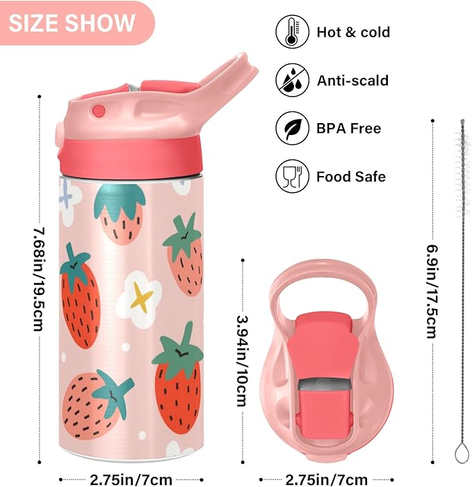 Kigai Black & White Cow Print Kids Water Bottle with Straw Lid, Vacuum Insulated Stainless Steel Double Walled Leakproof Tumbler Travel Cup for Girls Boys Toddlers, 12 oz