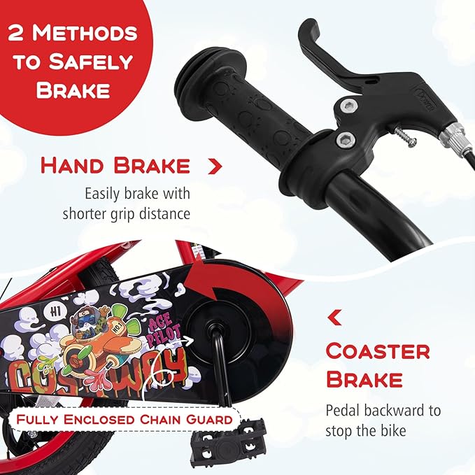 BABY JOY Rabbit Pilot Sporty Kids Bike, 12 14 16 18 Inch Child Bike for 3-8 Years Old with Adjustable Height, Training Wheels, Storage Basket, Handbrake & Coaster Brake, Kids Bicycle for Girls Boys