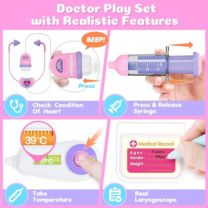 Doctor Kit for for Girls 1 Years Old, Interactive Doctor Tablet with Sound & Music, Doctors Pretend Playset with Stethoscope, Educational Girl Toys Ages 1 2 3, Christmas Birthday Gift for Kid Toddler