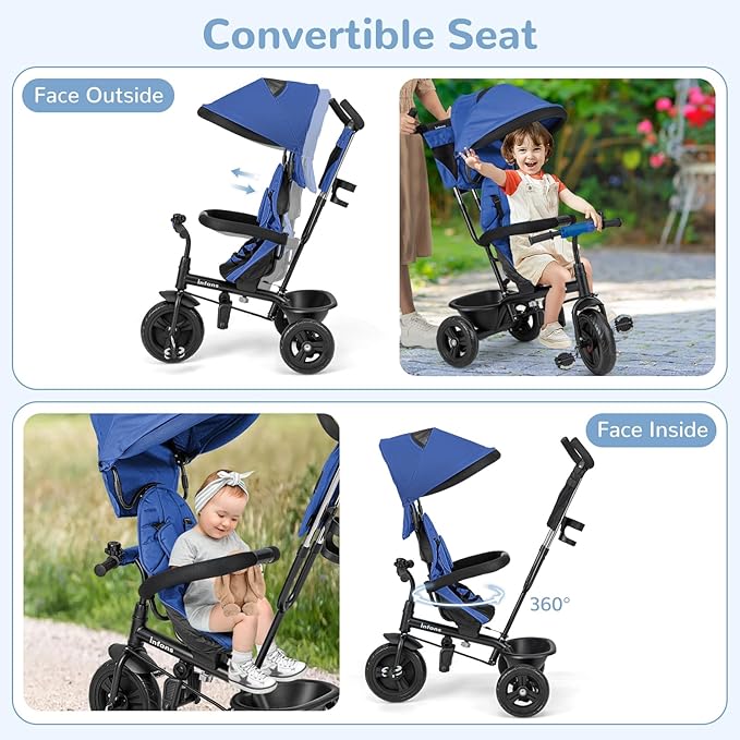 INFANS Kids Tricycle, 6 in 1 Baby Trike Toddler Bike with Reversible Seat, Adjustable Push Handle, Control Direction, Removable Canopy, Safety Harness, Belt, Storage, 9-60 Months (Blue)