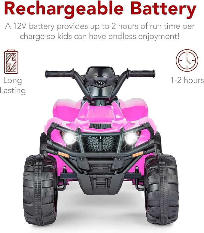 Best Choice Products 12V Kids Ride-On Electric ATV, 4-Wheeler Quad Car Toy w/Bluetooth Audio, 2.4mph Max Speed, Treaded Tires, LED Headlights, Radio - Pink