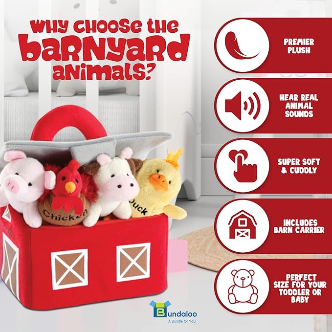 Bundaloo Plush Farm Animal Toys with Realistic Sounds - Plushie Play Set with Barn Carrier