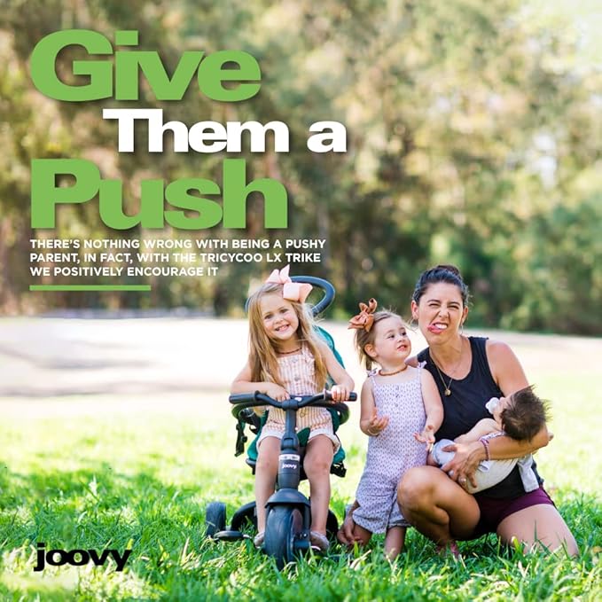 Joovy Tricycoo LX Premium Kids Tricycle with 8 Stages Featuring Chunky Front Tire, Removable and Adjustable Parent Handle, Safety Harness, Machine-Washable Seat Pad, and Retractable Canopy, Zinnia