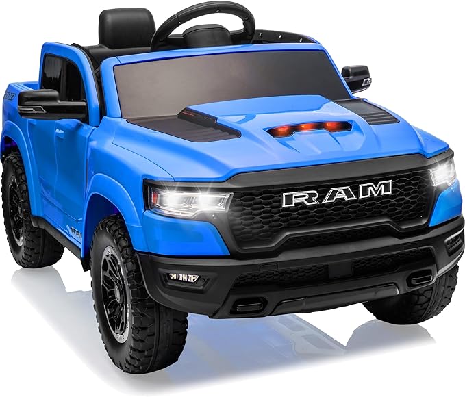First Ride On 12V Kids Electric Vehicles, Licensed Ram 1500 RHO Kids Ride on Truck with Remote Control, Ride on Car for Children with Smooth Start, Truck Bed Storage, Bluetooth, Aux Port (Blue)