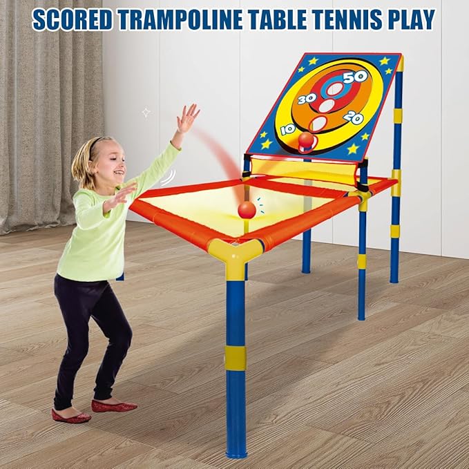 3 in 1 Trampoline Ping Pong Table Tennis Basketball Ball Score Games for Kids, Includes 2 Paddles, 2 Balls and Inflatable Basketball, for Indoor or Outdoor Use