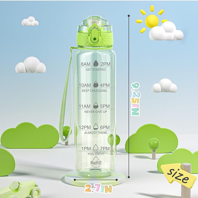 OLDLEY 17oz Kids Motivational Water Bottle, Leak-Proof Tritan BPA-Free, Reusable for School Girls & Boys, Silicone Straw, Parrott Green