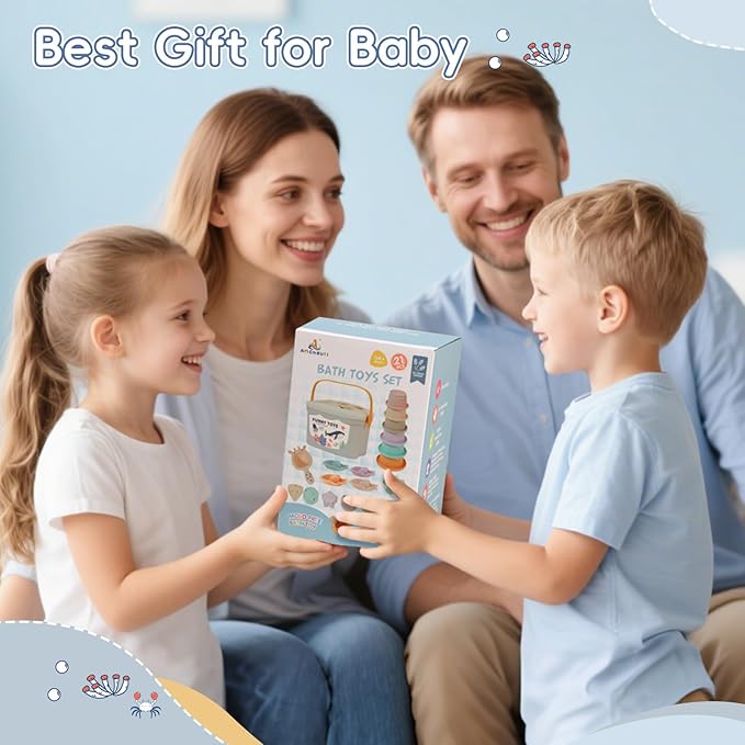 Mold Free Bath Toys for Kids Ages 1-3, 21PCS Baby Bath Toys for Toddlers 2-4 with Shape Sorting and Stacking Cups, Montessori & Educational Bathtub Water Toys with Container for Baby Stocking Stuffers