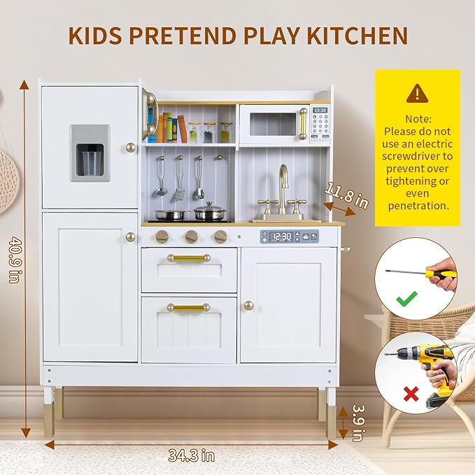 Arlopu Play Kitchen for Kids, Wooden Toy Toddler Kitchen Sets, Sturdy Pretend Cooking Playset with Storage & Accessories, Realistic Light & Sound, Stove, Fridge, Microwave, Removable Sink (White)