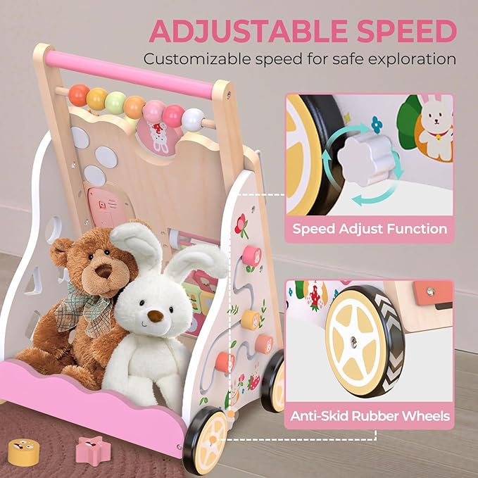 Baby Push Walker, Wooden Baby Walker with Wheels, Montessori Activity Center for 1 2 3 Years Old Boys Girls, Adjustable Speed & Height Push Toy for Toddler Learning to Walk, Gift for Kids Development