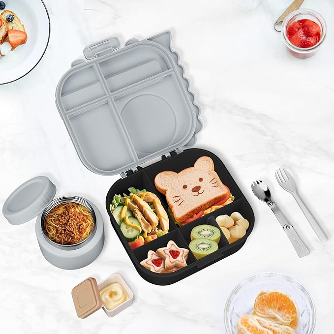Dinosaur Lunch Box for Kids with Secret Compartment | 4 Compartments Bento Box + 12oz Insulated Food Jar | Leak-Proof Sauce Cup & Collapsible Spoon | BPA-Free, Dishwasher Safe(Grey+Grey Jar)
