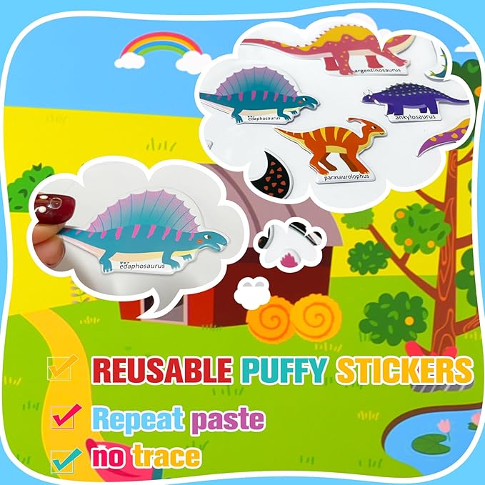ASTARON 3 Pack Reusable 3D Puffy Sticker Book for Kids 3-6, Jelly Sticker Game Educational Sensory Learning Toy,Travel Stickers and Busy Book