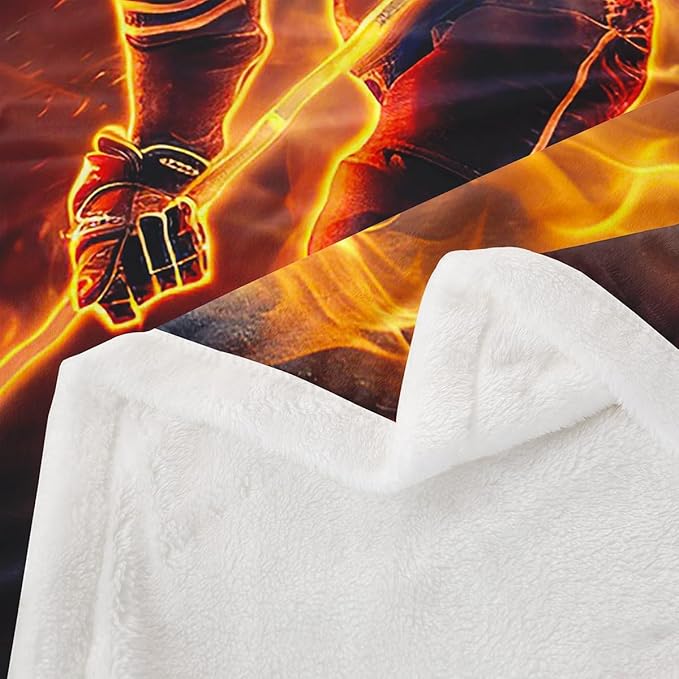 Ice Hockey Fleece Throw Blanket Fire Hockey Player Sherpa for Kids Girls Teens Boys Sports Event Plush Winter Sports Hobby Fuzzy for Sofa Bed Couch Decor 50x60 Inch