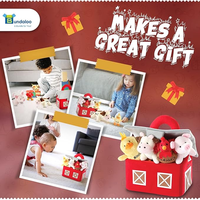 Bundaloo Plush Farm Animal Toys with Realistic Sounds - Plushie Play Set with Barn Carrier