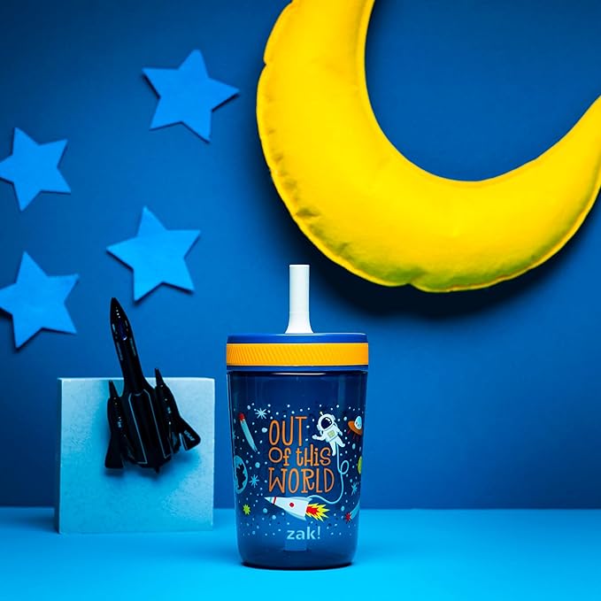Zak Designs Kelso 15 oz Tumbler Set, (Space) Leak-Proof Screw-On Lid with Straw Made of Durable Plastic and Silicone, Perfect Cup Bundle for Kids (2pc Set)
