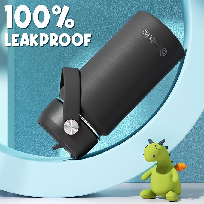 Fimibuke Kids Insulated Water Bottle, 14oz BPA FREE 18/8 Stainless Steel Travel Tumbler Double Wall Vacuum Leak Proof Kids Cup with Straw Metal Water Bottle for School Boys Girls(1 Pack, Black)