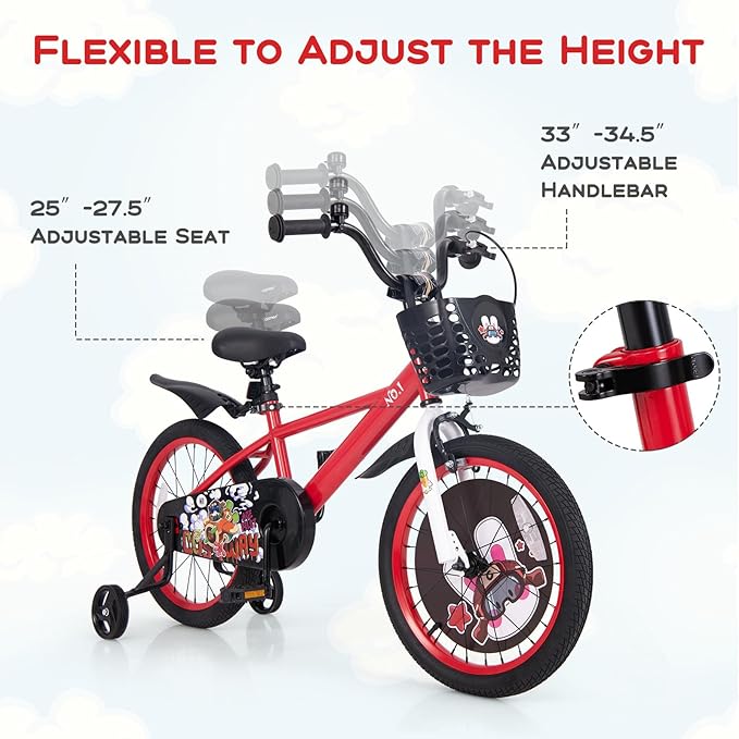 BABY JOY Rabbit Pilot Sporty Kids Bike, 12 14 16 18 Inch Child Bike for 3-8 Years Old with Adjustable Height, Training Wheels, Storage Basket, Handbrake & Coaster Brake, Kids Bicycle for Girls Boys