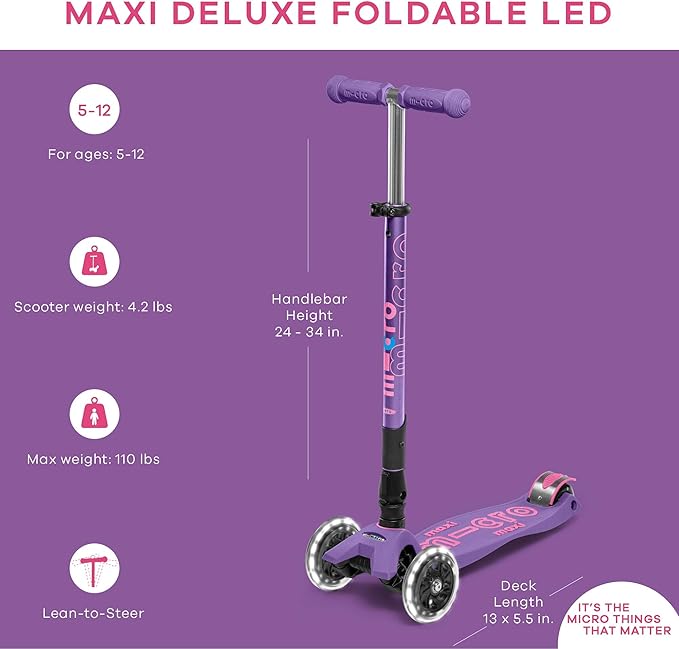 Micro Kickboard - Maxi Deluxe Foldable LED - Three Wheeled, Lean-to-Steer, Fold-to-Carry Swiss-Designed Micro Scooter for Kids with Motion-Activated Light-Up Wheels for Ages 5-12