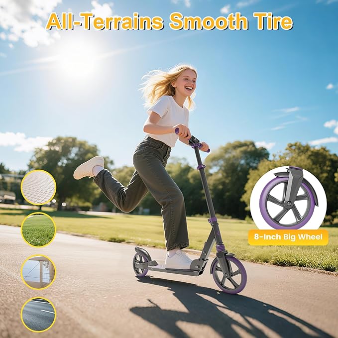 SIMATE Kick Scooter for Kids Teens & Adults, 3 Adjustable Heights, 8IN All Terrain Big Wheels, Dual Suspension, Foldable and Lightweight, Gifts for Girls Boys