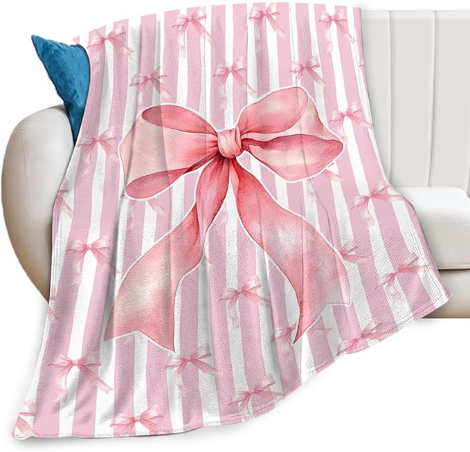 Pink Bow Throw Blanket for Girls, Bows Fleece Blanket Coquette Gifts for Women Girls, Warm Cozy Soft Flannel Preppy Stuff for Bed Sofa Couch 80" x 60"