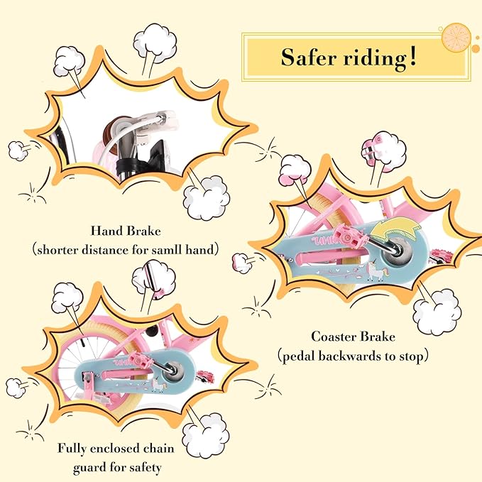 RULLY Kids Bike 12 14 16 inch for 2-7 Years Girls with Training Wheels & Front Handbrake, Kids Bicycle with Basket Bike Streamers Toddler Cycle Bikes