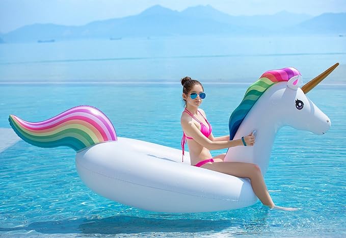 Jasonwell Giant Inflatable Unicorn Pool Float Floatie Ride On with Fast Valves Large Rideable Blow Up Summer Beach Swimming Pool Party Lounge Raft Decorations Toys Kids Adults