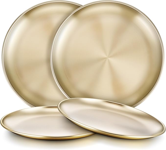 HaWare 4-Piece 18/8 Stainless Steel Plates, Metal 304 Dinner Dishes for Kids Toddler Children, 8 Inch Feeding Serving Camping Plate, Reusable Dinnerware, Unbreakable & Non-toxic, Dishwasher Safe, Gold