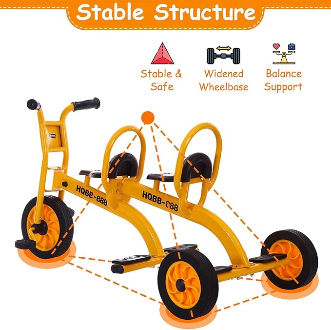 Kids Tricycle for Ages 3-8, Double Kids Trike Bike, Preschool Daycare Outdoor Tandem Bike with Airless Rubber Tires, Two-Seater and Non-Slip Pedals, Gift for Boys and Girls