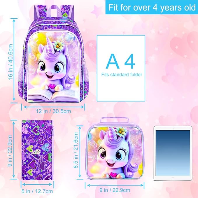 CCJPX 3Pcs Unicorn Backpack, 16” Kids Girls Bookbag with Lunch Box, Water Resistant Elementary School Bag for Kindergarten Preschool Toddler (Purple)