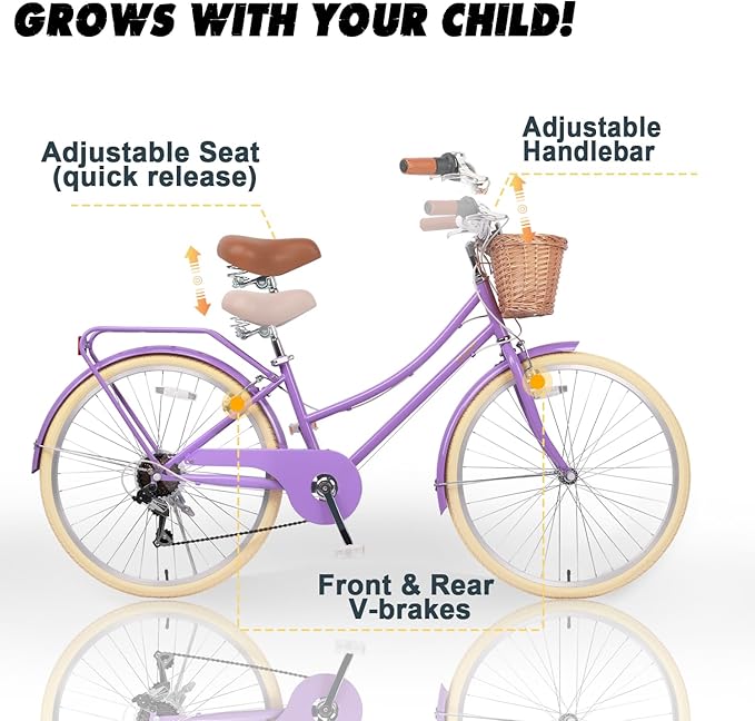 Glerc 20 24 26 Inch Beach Cruiser Bike, 6-Speed Hybrid City Bicycle for Girls Youth and Over 6 Years Old, Missy Bike with Wicker Basket & Lightweight, Multiple Colors