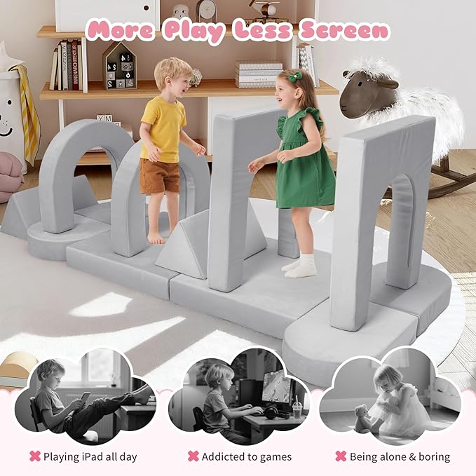 12 Pcs Modular Kids Play Couch, Toddler Couches That Fold Out, Plush Foam Chair for Children’s Playroom, Velvet Fabric Convertible Foam and Floor Cushion for Boys and Girls (Gray,07)