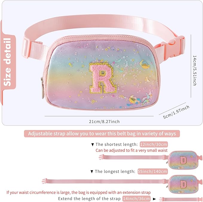 Fanny Pack for Girls,Birthday Easter Gifts,Chenille Initial Letter Girls Crossbody Bag,Preppy Teen Belt Bag for Graduation Travel Gifts,Cute Sequin Trendy Stuff.Pink-T