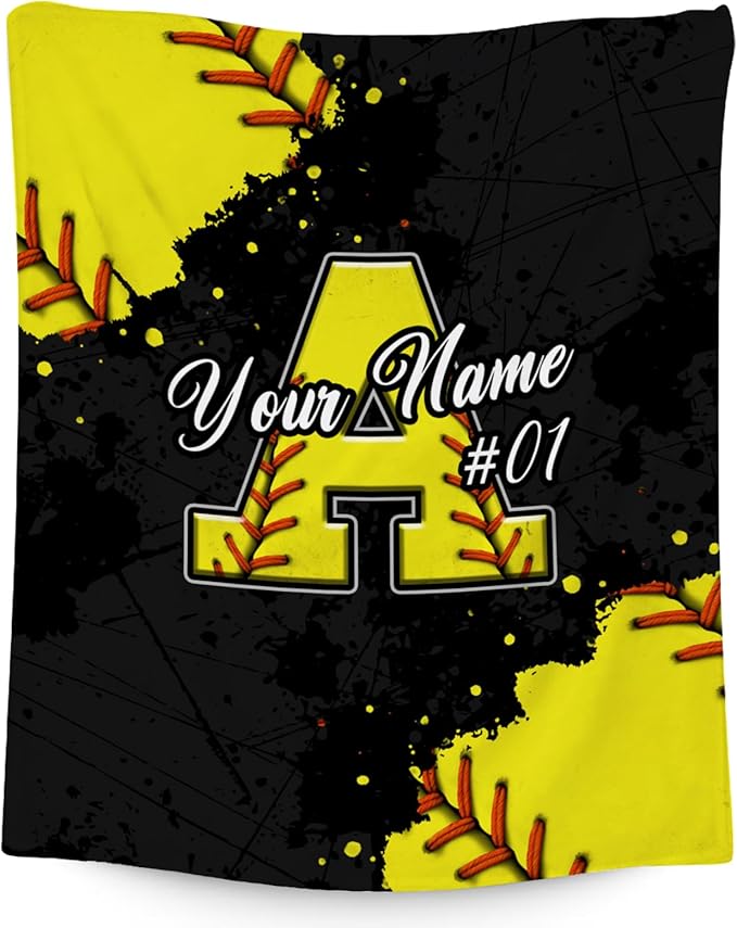 Personalized Softball Blanket - Custom Initial Name Gifts for Girls - Lightweight Soft Sports Throw for Softball Players - 50x60 Inches Large Blanket Decor Ideas for Teens Daughter