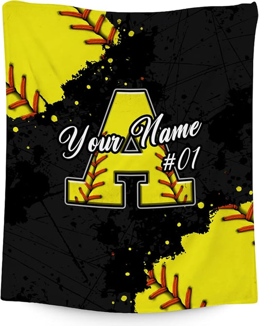 Personalized Softball Blanket - Custom Initial Name Gifts for Girls - Lightweight Soft Sports Throw for Softball Players - 60x80 Inches Large Blanket Decor Ideas for Her
