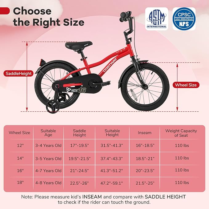 COSTWAY 12/14/16/18 Inch Kids Bike, Children Toddler Bicycle with Training Wheels, Adjustable Seat & Handlebar, Handbrake & Coaster Brake, Reflectors, Bell, Suitable for 3-8 Years Old Boys Girls