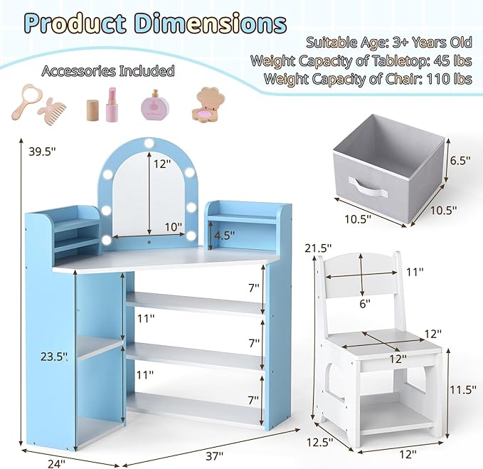 Costzon Kids Vanity with Lights, Corner Vanity Desk with Mirror, Storage Shelves, Wooden Princess Toddler Makeup Dressing Table, Kids Vanity Table and Chair Set for Little Girls (Blue)