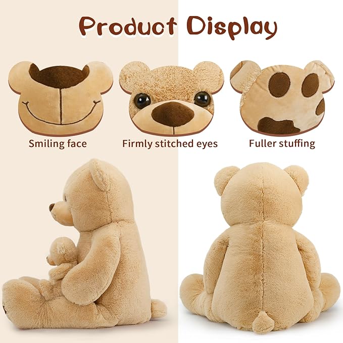 MorisMos 51 Inch Giant Teddy Bear, Big Mommy with Baby Bear Stuffed Animal Plush Gifts on Baby Shower, Brown