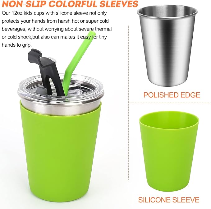 Kids Cups with Lids and Straws, 12oz Kids Tumblers with Straws and Lids Spill Proof Cups for Kid Stainless Steel Sippy Cup for School, Outdoor, 5 Pack