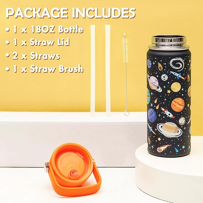 18oz Kids Insulated Water Bottle with Straw Lid - 18/8 Stainless Steel Kid Cup BPA-FREE Travel Tumbler Double Wall Vacuum Leak Proof Portable Toddler Water Bottle (Space)