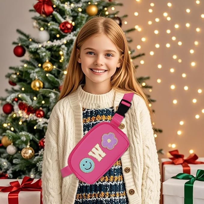 Fanny Pack for Girls Pink Kid Crossbody Bag Chenille W Letter Preppy Belt Bag, Christmas Birthday Easter Gifts for Teen Daughter Sister, Personalized Nylon Purse for 4 5 6 7 8 9 10 Year Old Girls