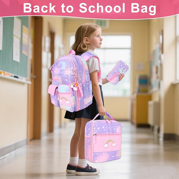 Girls Backpack Set 3 IN 1,Cute Rainbow Kids Backpack with Insulated Lunch Box Pen Case Set Student School Bag (Purple-3 piece set)