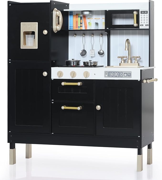 Play Kitchen for Kids, Wooden Kids Kitchen Playset with Realistic Sounds, Children Pretend Toy Kitchen Playset w/Stove, Oven & Ice Maker, Little Chef Play Kitchen for Girls and Boys, Black