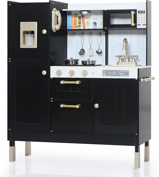 Play Kitchen for Kids, Wooden Kids Kitchen Playset with Realistic Sounds, Children Pretend Toy Kitchen Playset w/Stove, Oven & Ice Maker, Little Chef Play Kitchen for Girls and Boys, Black