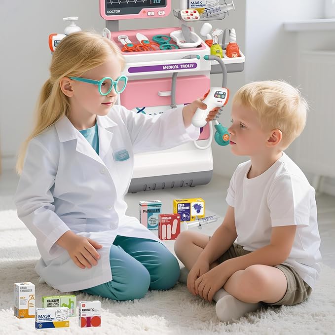 Doctor Kit for Kids Pretend Medical Station Set for Boys & Girls Mobile Cart with Kids Play Set for Ages 3 and Up Children Role Play Educational Toys (Pink)