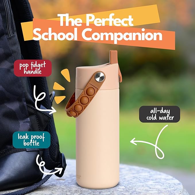 Elemental Insulated Kids Water Bottle, Stainless Steel Water Bottle with Straw Lid & Pop-It Handle, Leak-Proof Water Bottles for School, Boys or Girls, Travelling and Sports, 18oz - Beige