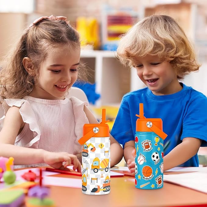 Construction Kids Water Bottle With Straw Lid 12oz Insulated Stainless Steel, Truck Travel Tumbler, Gifts For Boys, Birthday, Christmas, Back To School