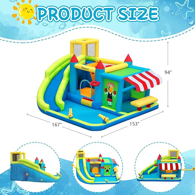 FBSPORT Inflatable Bounce House Water Slide, Bounce House for Kids with Toy Market Stand Splash Pool Bouncer Climbing Wall Water Gun Ball Dart, Bouncy Castle W/620W Blower for Outdoor Indoor, Green