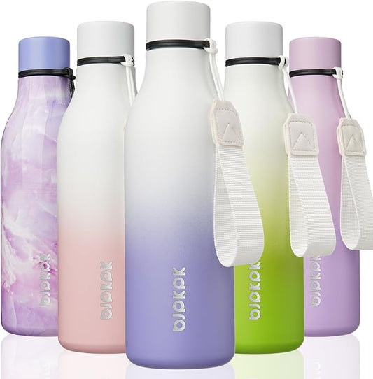 BJPKPK Insulated Water Bottles, 18 oz Stainless Steel Metal Water Bottle with Strap, BPA Free Leak Proof Thermo, Mugs, Flasks, Reusable Water Bottle for Sports & Travel, Lilac Elegance